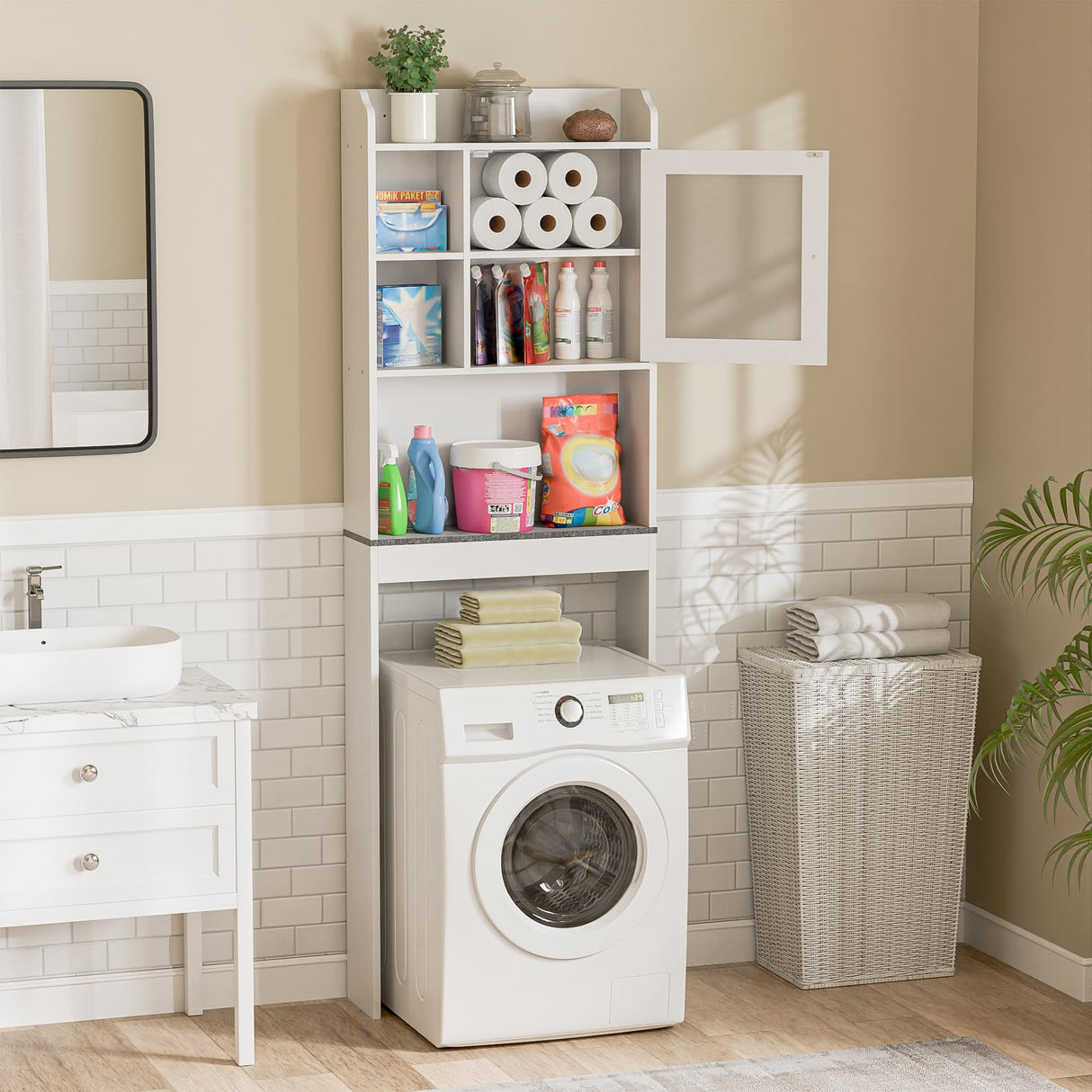 SUPER DEAL Over The Toilet Bathroom Storage Cabinet Freestanding Wooden Bathroom Organizer with Adjustable Shelves and Glass Door, White SUPER DEAL