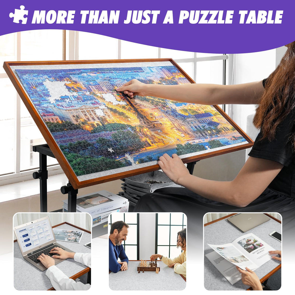 Sunix 1500 Pieces Jigsaw Puzzle Table with Legs, 36"x26" Adjustable Height Puzzle Board with Cover & 6 Sorter Tray, 12-Tilting-Angle Portable Wooden Puzzle Table for Adults, Enclosed with Wheels Sunix