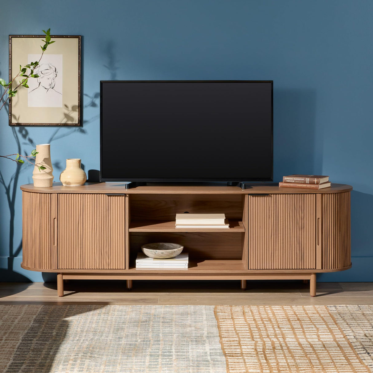 Walker Edison Chloe Curved Reeded TV Stand, Sliding Doors, 75 Inch, 70 inch, Mocha Walker Edison