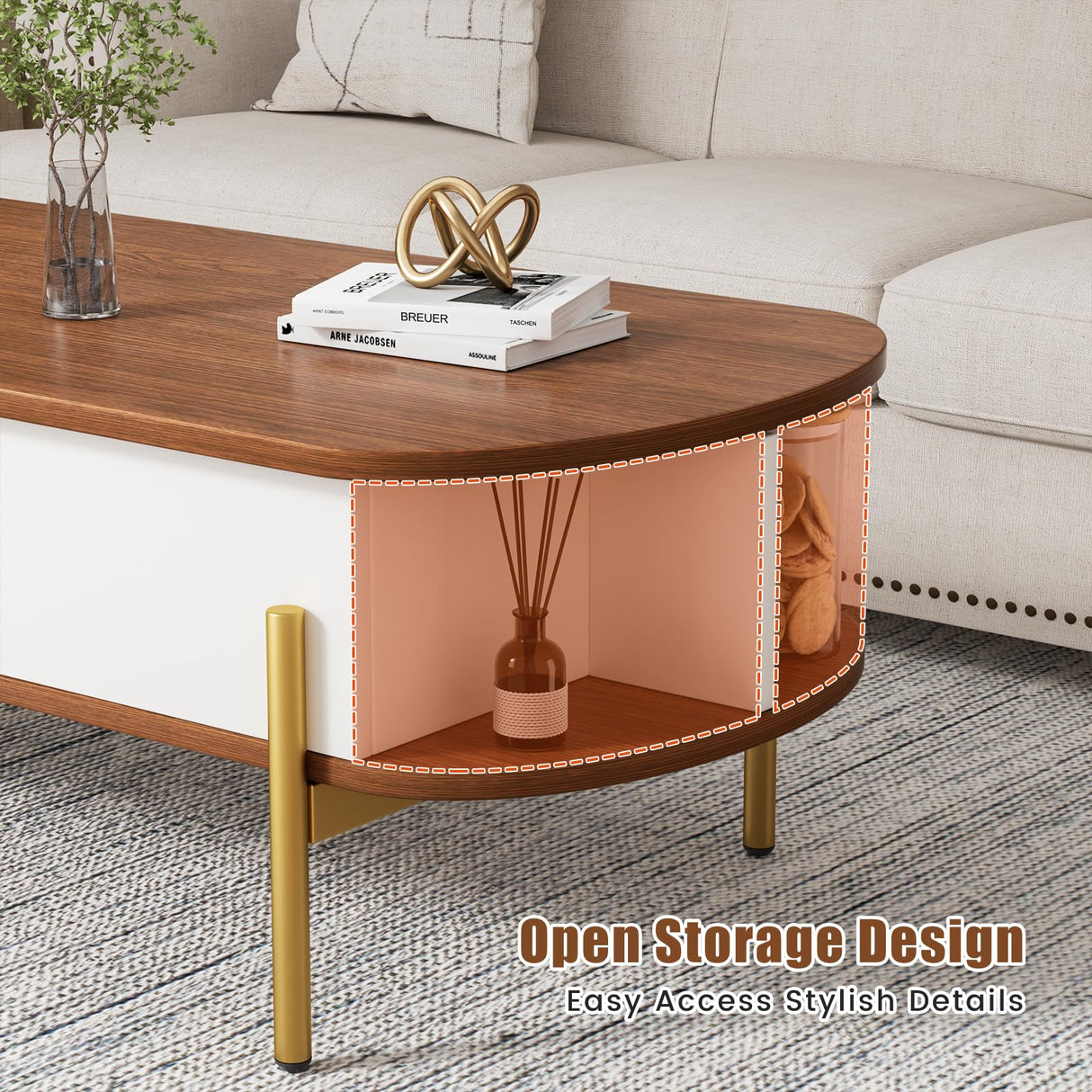 ALLSTAND 48" Oval Lift Top Coffee Table with Storage Metal Legs & Large Hidden Compartment, Coffee Table with Lifting Top with Open Shelf, Lift Coffee Table with Wooden Lift Tabletop for Living Room ALLSTAND