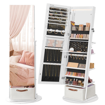 SONGMICS 360° Swivel Mirrored Jewelry Cabinet with Lights, Full-Length Mirror with Jewelry Storage, Standing Jewelry Armoire Organizer, with Large Storage Basket, Makeup Shelf, Cloud White UJJC018W01
