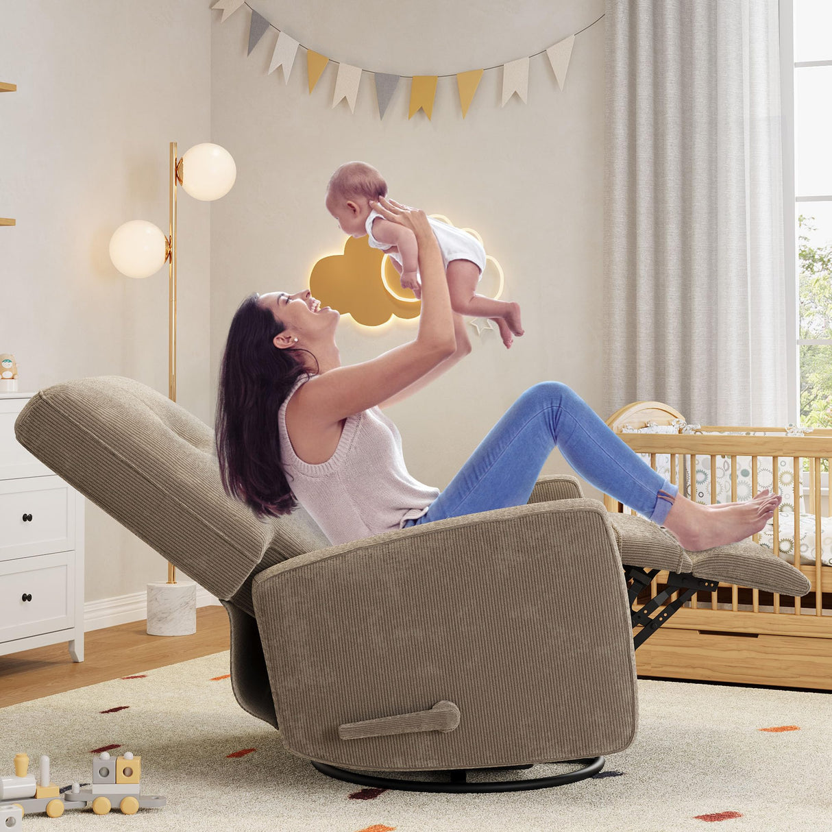 Garvee Nursery Recliner Chair, 360° Swivel Rocking Glider Chair for Adults with Adjustable Backrest & Footrest, Cozy Corduroy Upholstered Armchair for Living Rooms, Bedrooms, Apartments, Light Brown Garvee