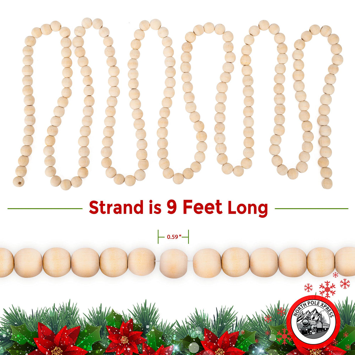 9 Foot Natural Wood Bead Christmas Garland | Wooden Christmas Tree Garland Perfect for Rustic Natural Country Farmhouse Trees | Garland Christmas Decorations for Indoor Use NorthPoleXpress