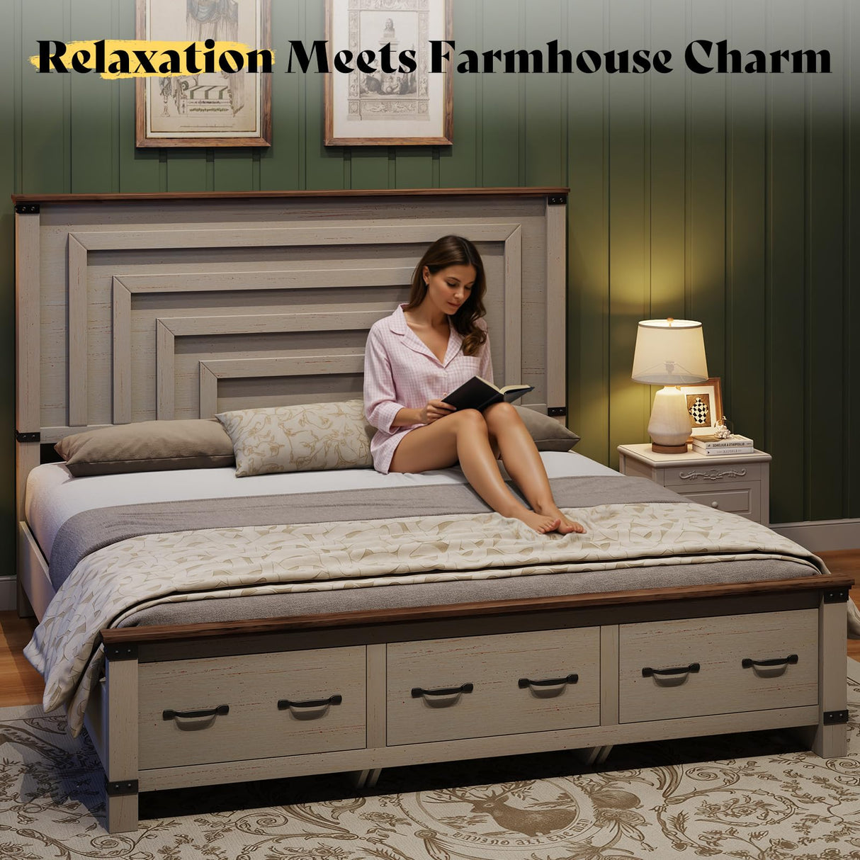 AMERLIFE Farmhouse King Size Bed Frame with 54" Tall Geometric Headboard & Footboard, Rustic Wood Platform Bed Frame/w 3 Large Storage Drawers, Wood Slats Support, No Box Spring Needed, Rustic White AMERLIFE