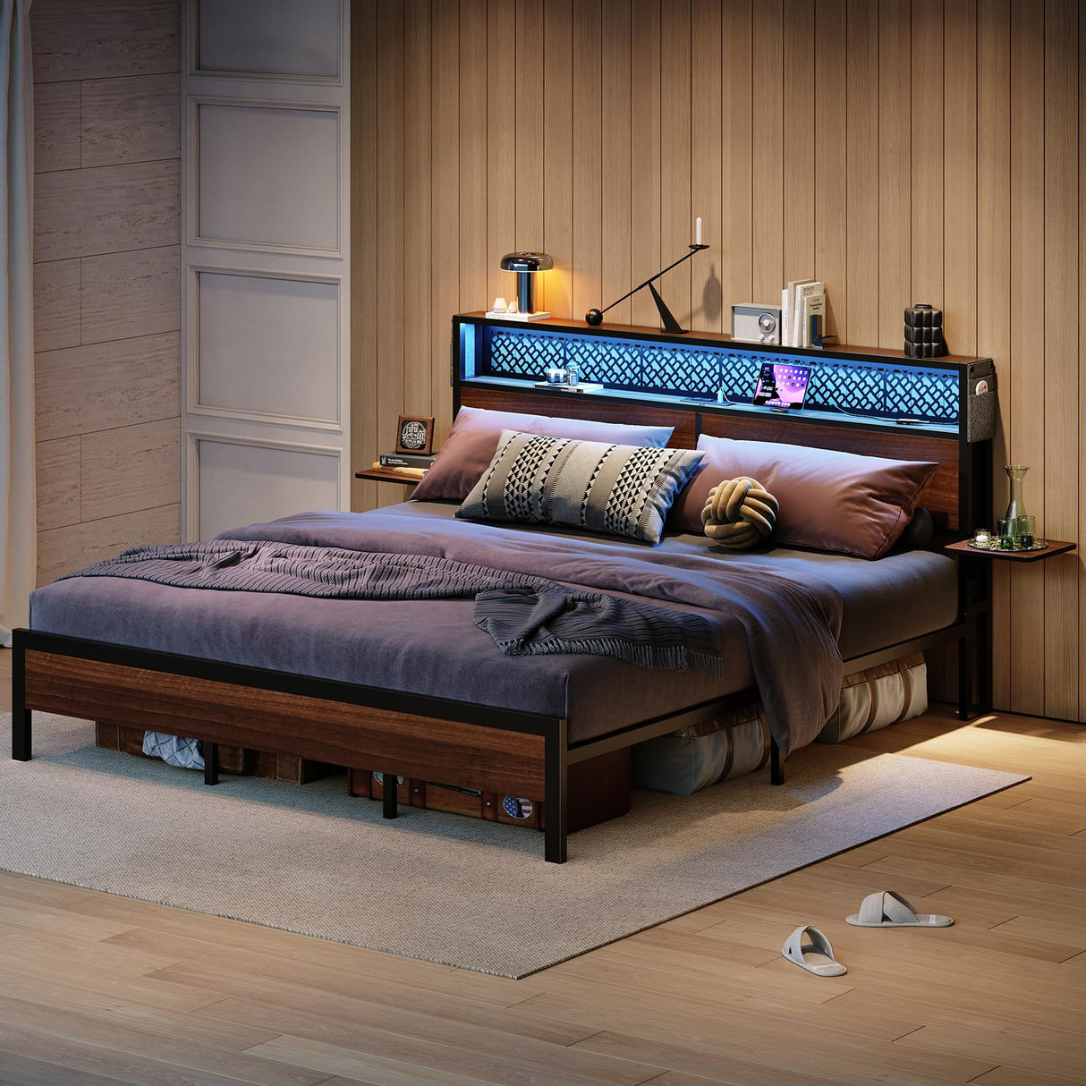 Bestier Walnut Queen Size Bed Frame with Headboard, Folding Bedside Shelves, Charging Station & LED Light Bestier