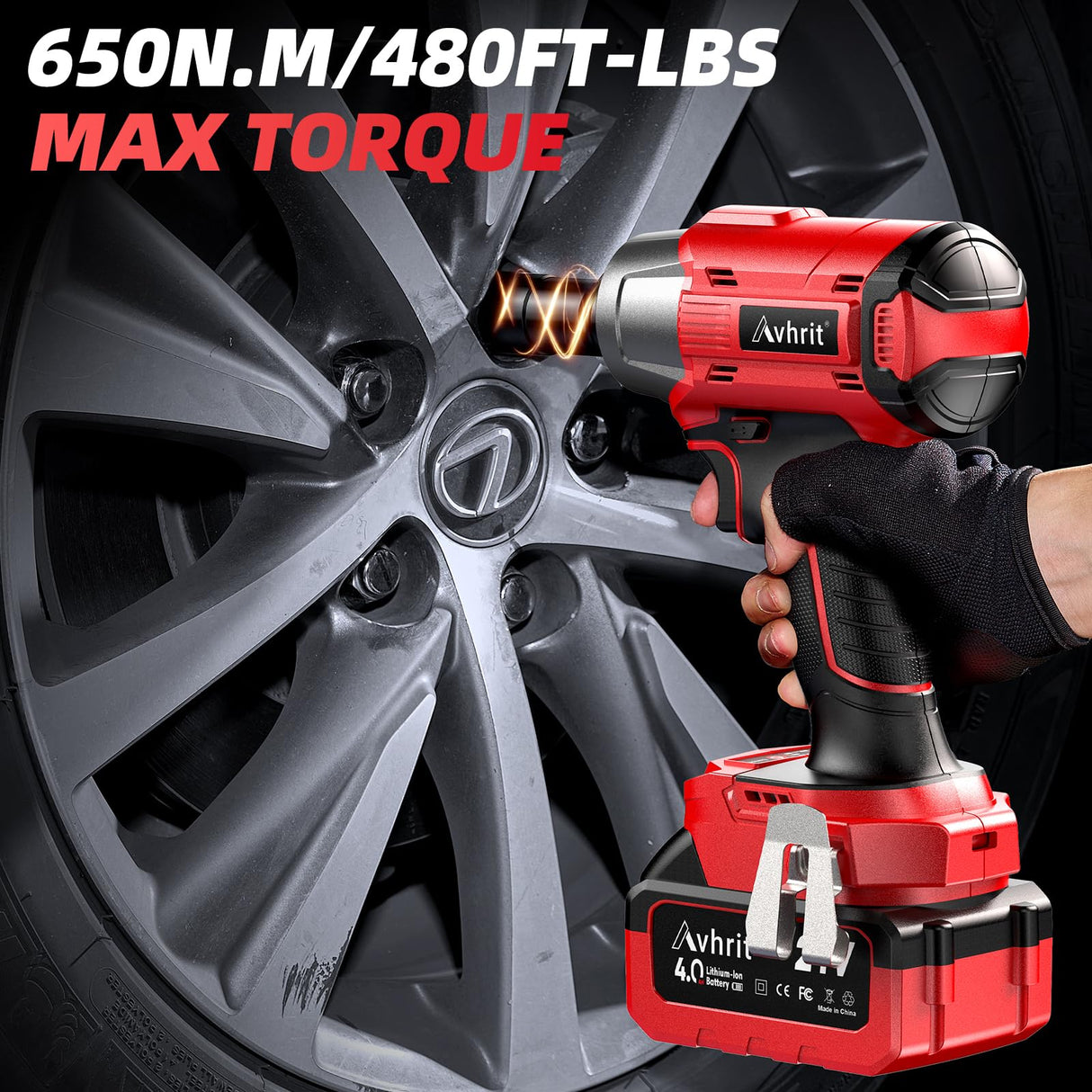 Avhrit Cordless Impact Wrench 1/2 inch, 480Ft-lbs (650Nm) Brushless Power Impact Gun 1/2 drive w/ 4.0Ah Battery, 4 Sockets, 6 Screwdriver Bits, Fast Charger, Electric Impact Wrench for Car Tire Avhrit