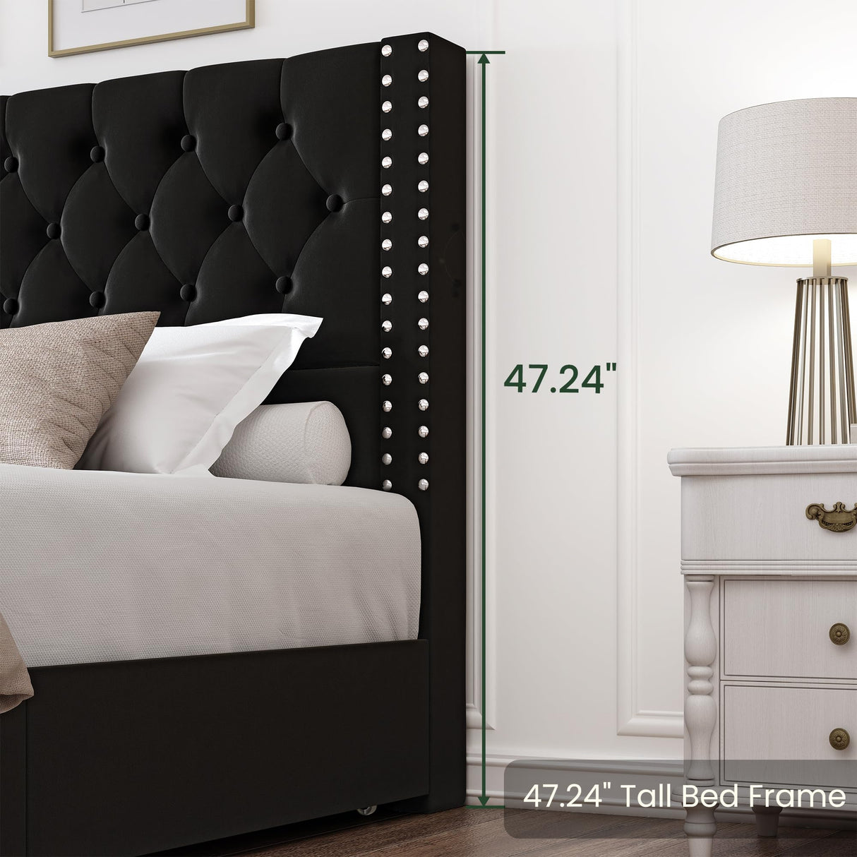 LARMACE King Size Bed Frame with Storage and Tufted Headboard Velvet Upholstered Platform Bed Frame with 4 Drawers, Wood Slats Support, Easy Assembly, Noise-Free, Black LARMACE