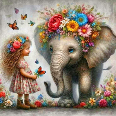 Elephant Diamond Art Kits for Adults-Girl and Elephant Diamond Painting Kits for Beginners, 5D DIY Full Drill Round Gem Art Crafts for Home Wall Decor 14X14 inch