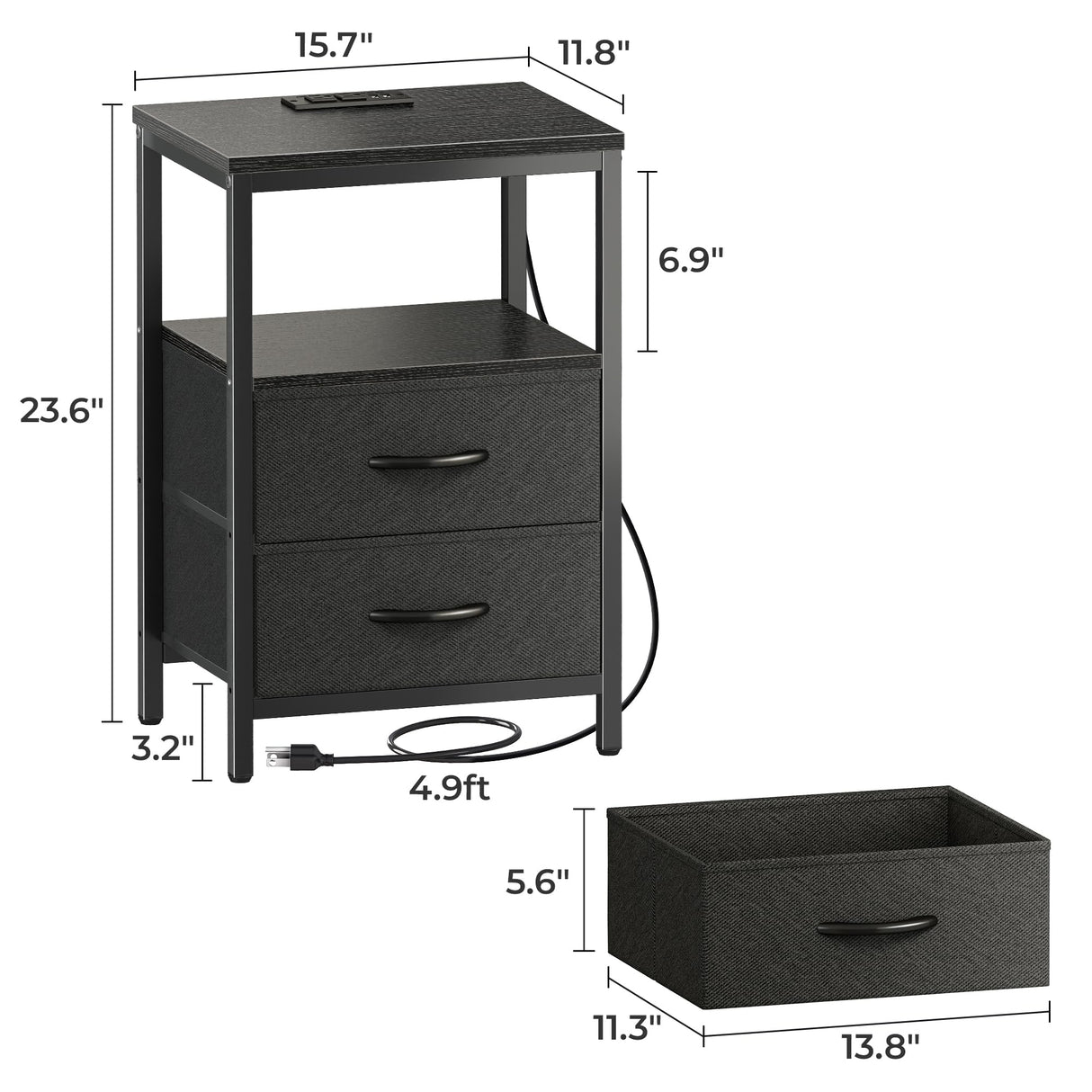 Huuger Nightstands Set of 2, End Tables with Charging Station, Side Tables with Fabric Drawers, Bedside Tables with USB Ports and Outlets, Night Stands for Bedroom, Black Huuger
