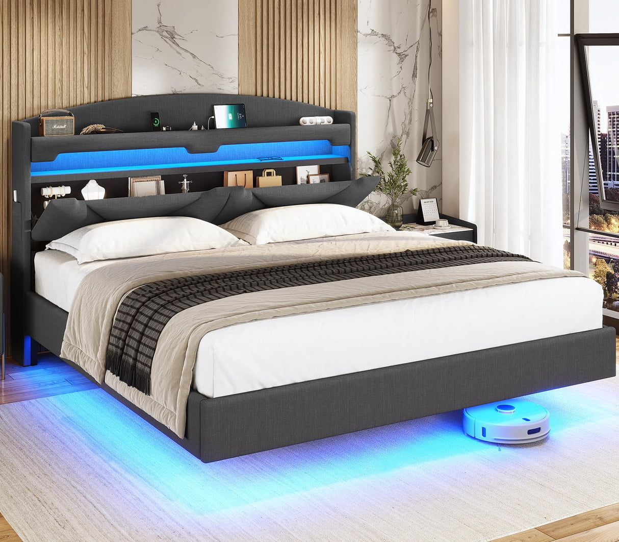 Modern ADORNEVE King Size Floating Bed Frame with USB-C Charging Station and LED Lights ADORNEVE