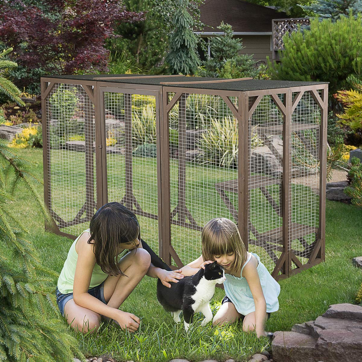 NBTiger Wood Cat Enclosure Catio Cage Pet Playhouse Run House Cage with 3 Activity Platforms, Small Animals Outdoor Pet Kennel Playpen 71'' x 32'' x 43'' NBTiger