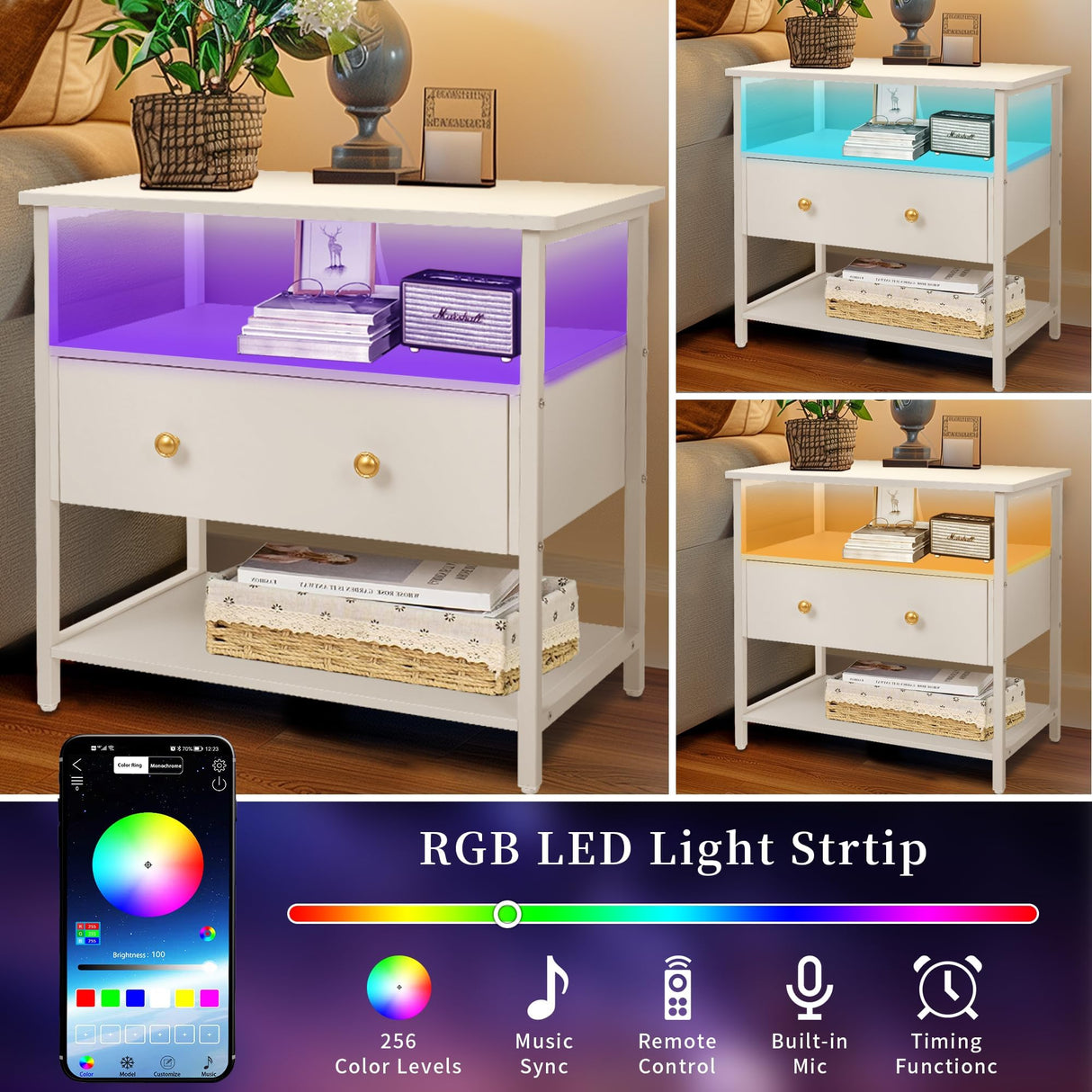 Edbuosy 27 inch Wide Nightstand Set of 2 with LED,Side Table with One Wooden Drawer,Nightstand with Charging Station,End Table Bedside Table with USB Ports and Outlets,White with LED Edbuosy