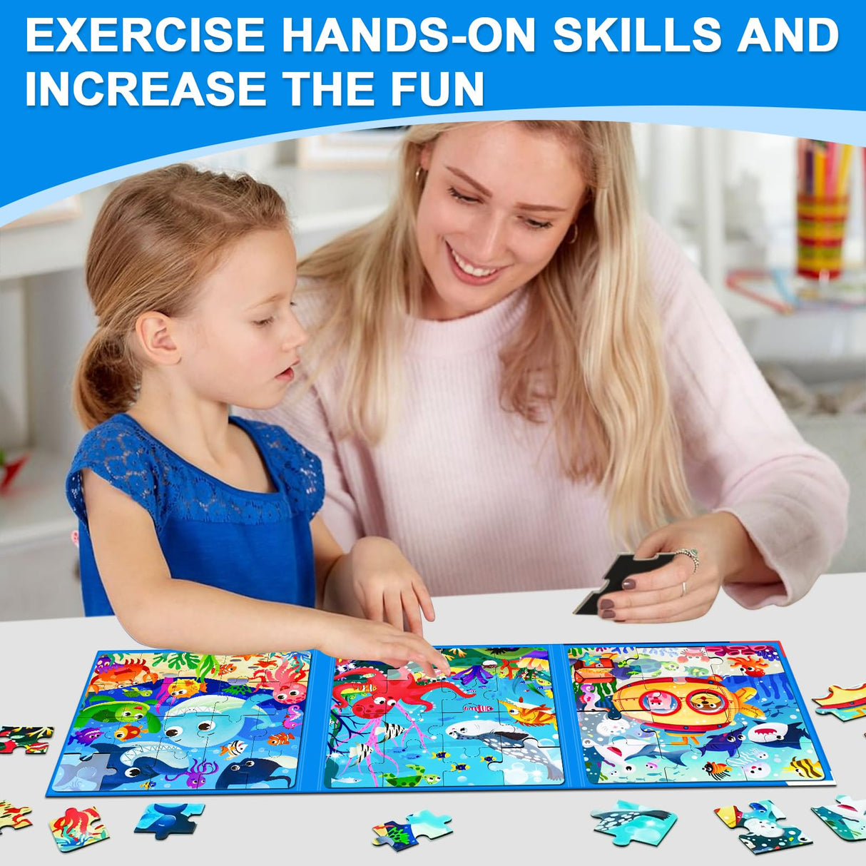 Magnetic Puzzles for Kids Ages 3-5, 3 in 1 Ocean World Toddlers Magnet Jigsaw Puzzle Book, Kids Travel Puzzles Toys, Preschool Learning Toy for Kids 3-8 Year (Ocean World) EREBADI