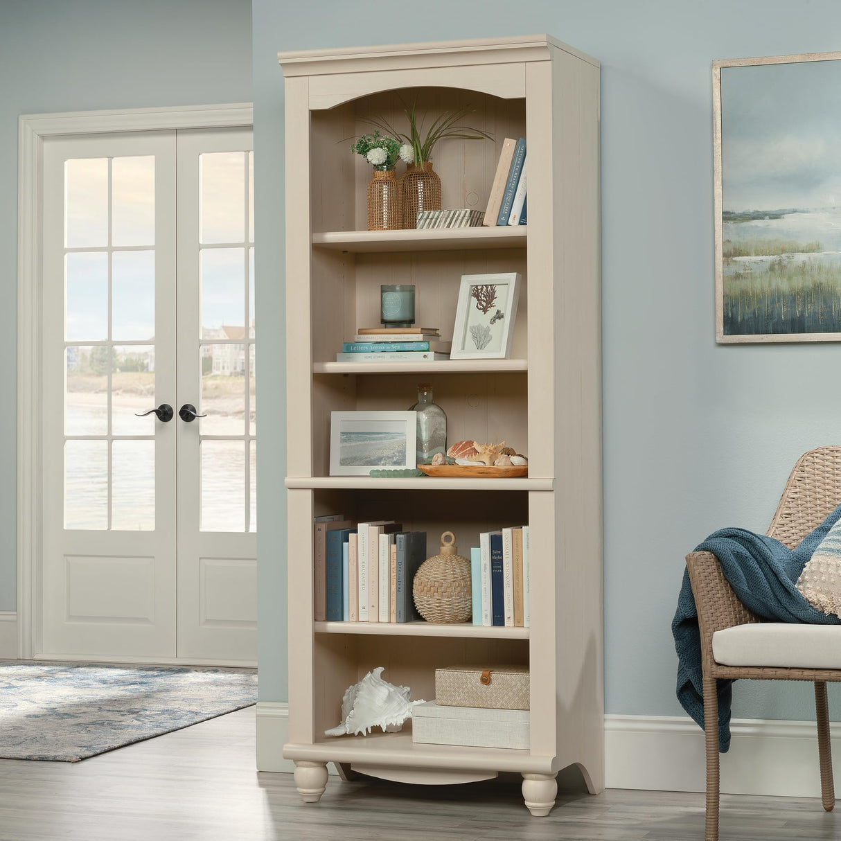 Sauder Harbor View Library/Book Shelf, L: 27.21" x W: 17.48" x H: 72.24", Antiqued White finish Sauder