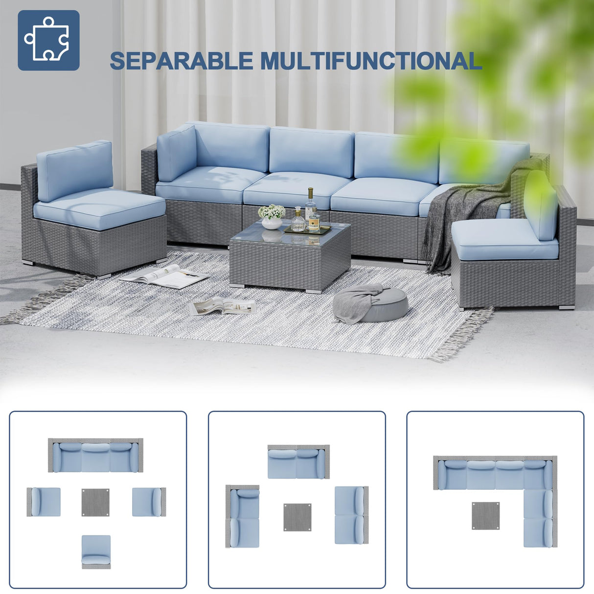 SUNCROWN Outdoor Patio Furniture Set 8 Piece Outdoor Sectional Sofa Grey Wicker Conversation Sofa Set with Coffee Table, Cushions and Fire Pit Table, Light Blue SUNCROWN