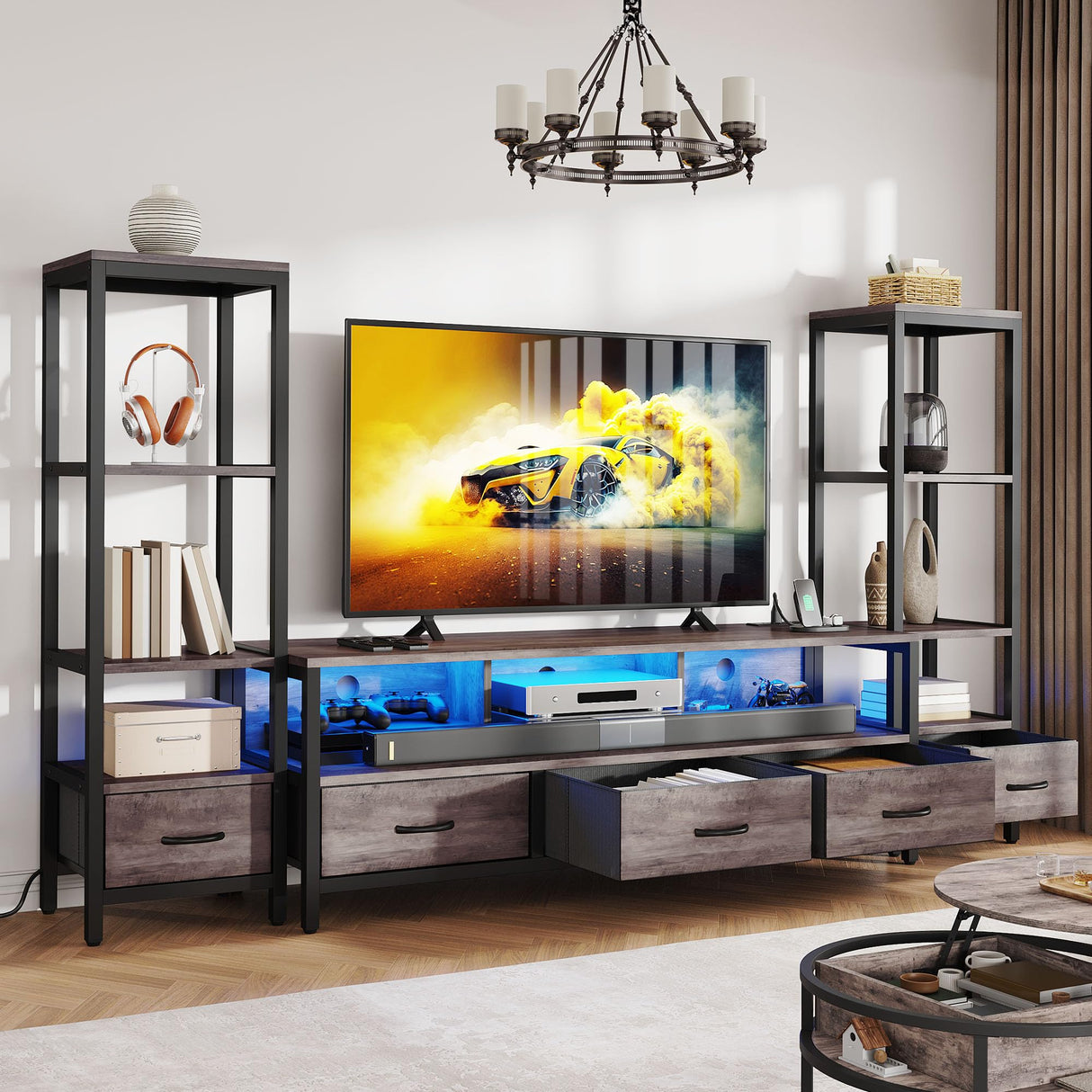 DWVO Entertainment Center with Bookshelves, LED TV Stand for 65/60 inch TV, Farmhouse TV Stand for Living Room with 2 Industrial 4-Tier Bookshelves & Power Outlets, Grey DWVO