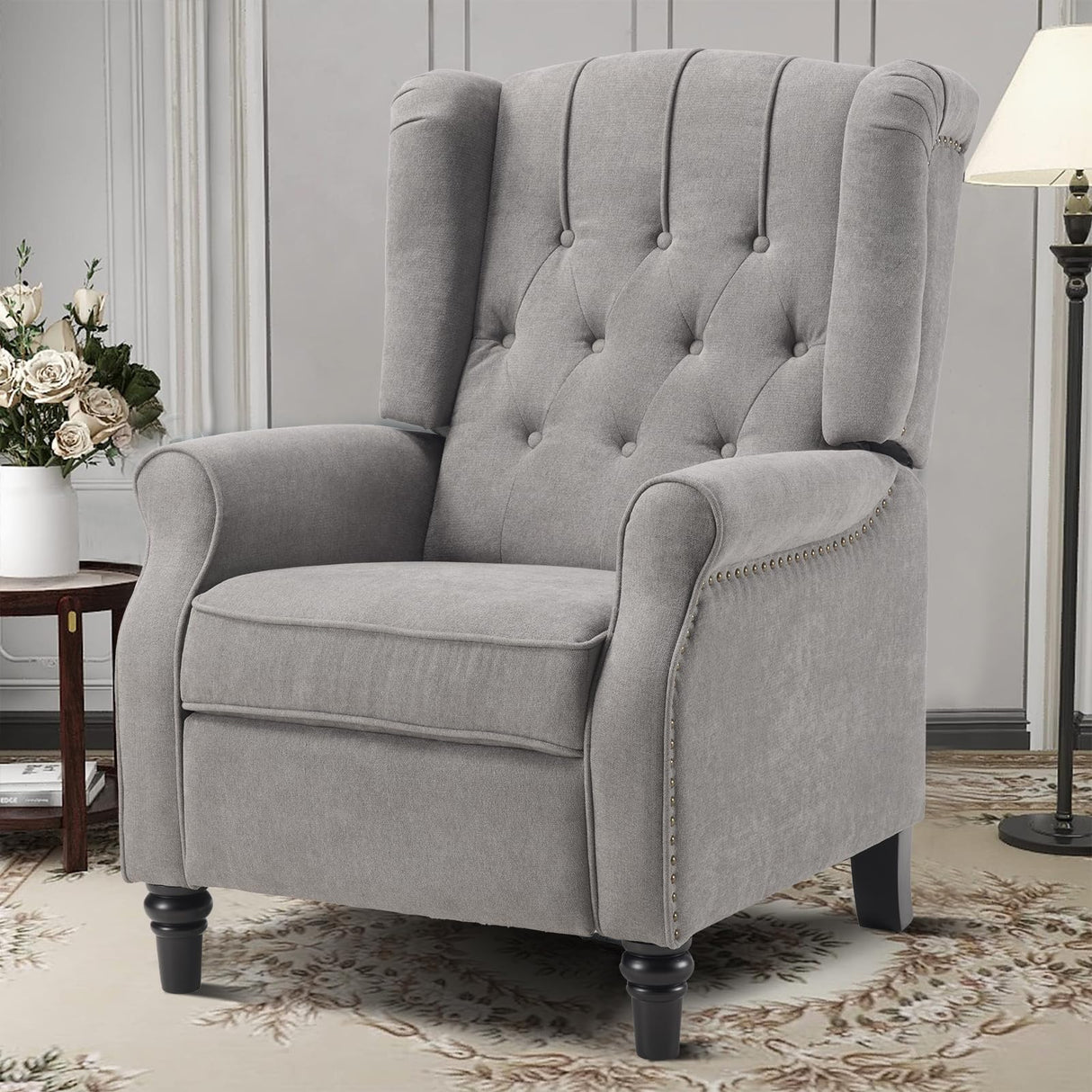 EBELLO Pushback Recliner Chair, Fabric Armchair Push Back Recliner with Rivet Decoration, Mid Century Wingback Accent Chair for Living Room, Bedroom, Grey EBELLO
