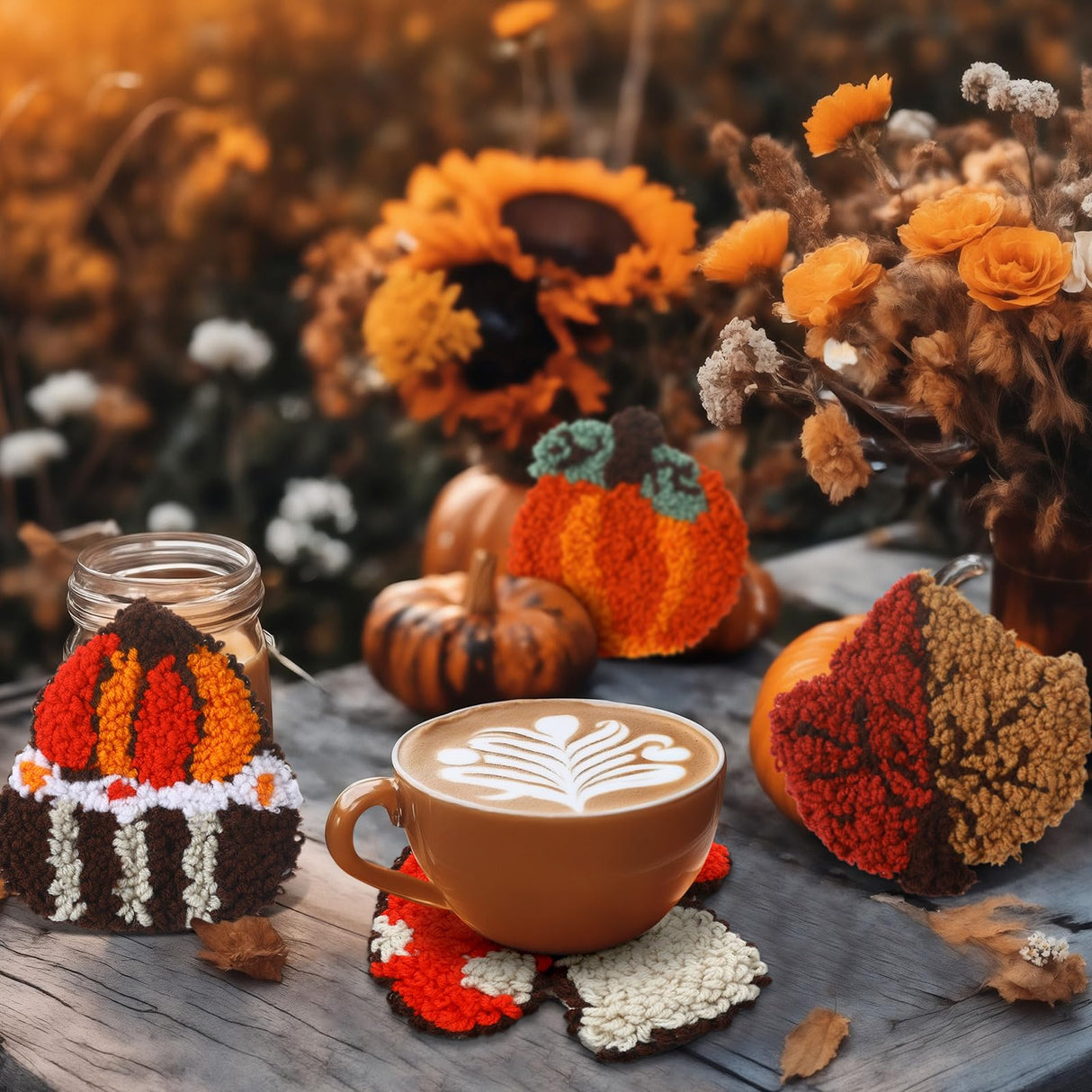 Mindsoft 6 Pcs Fall Punch Needle Coaster Kit Thanksgiving Punch Needle Embroidery Kits with 6 Patterns Yarn Tools Sticky Felt Embroidery Hoop Instruction for Adult Beginner DIY Craft Supplies Mindsoft