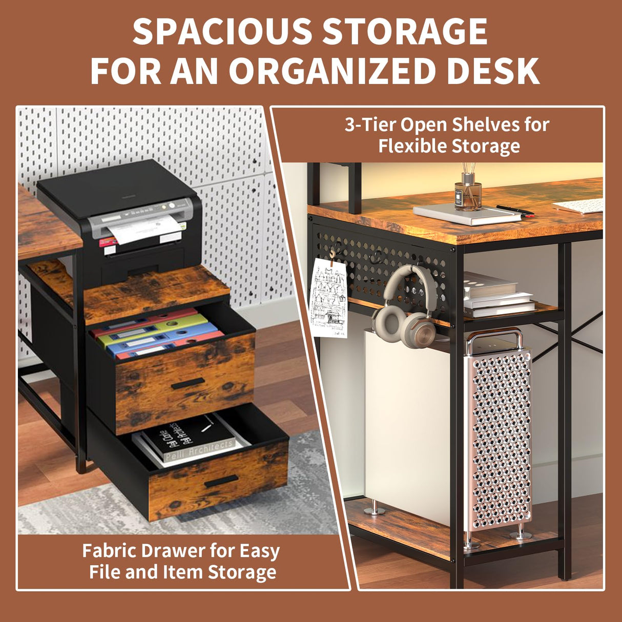 OtterOasis 66" L Shaped Desk with Drawer, 113" 2 Person Desk with Printer Stand, Large Convertible L Shape Gaming Desk with Power Outlet, Computer Desk with Led Light for Home Office, Rustic Brown OtterOasis