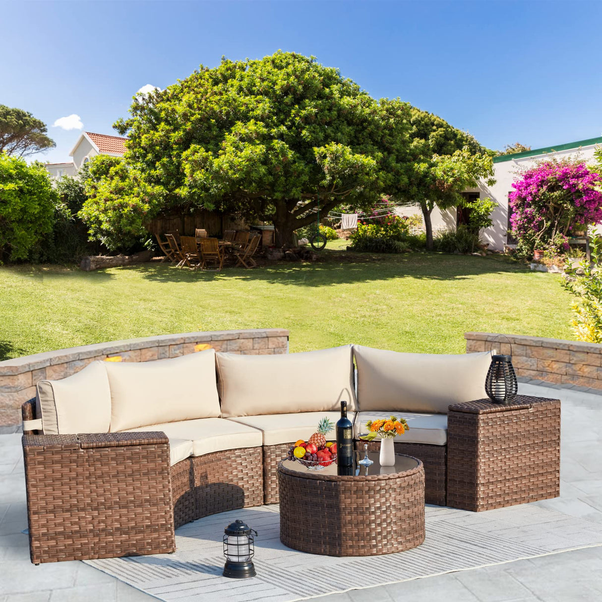 ECOTOUGE 7 Piece Patio Furniture Sets, Half-Moon Circle Conversation Set, Curved Wicker Outdoor Sectional with 2 Storage Armrests and Glass Coffee Table, Garden Balcony and Backyard (Beige) ECOTOUGE