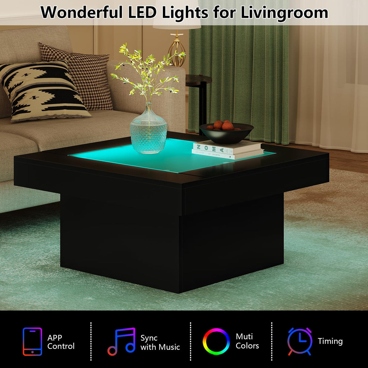 Square Coffee Table with LED Lights, 35.4" Coffee Tables for Living Room, Tempered Glass-top Coffee Table, Black Modern Center Table, Engineered Wood Low Coffee Table for Home Office Gyfimoie