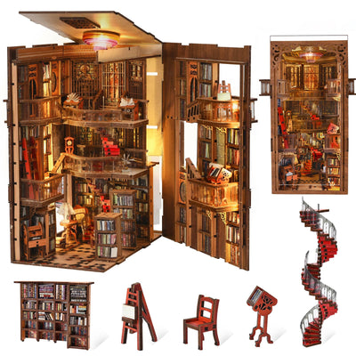 MiniCity Book Nook Kit, DIY Miniature Dollhouse Booknook Kit, 3D Wooden Puzzle Bookend Bookshelf Insert Decor with LED Light for Teens and Adults (Abbey Library)