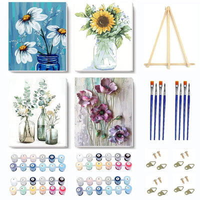 VIGEGU 4 Pack Paint by Numbers kit for Adults Framed Canvas - with Wooden Easel,Paint by Numbers for Kids Ages 8-12,Bottle Flower DIY Acrylic Oil Painting Kits Arts Crafts for Wall Decor 7.8x11.8inch