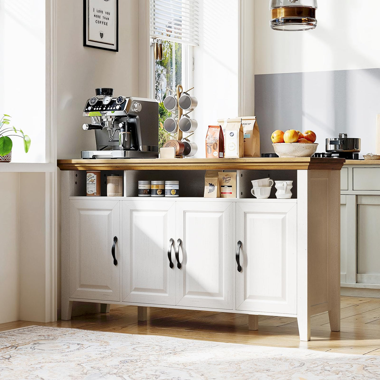 Marsail 55" Buffet Cabinet with Storage, Farmhouse Kitchen Sideboard Cabinet w/4 Doors & Shelves, Coffee Bar Buffet Table for Dining Room, Brown White Marsail