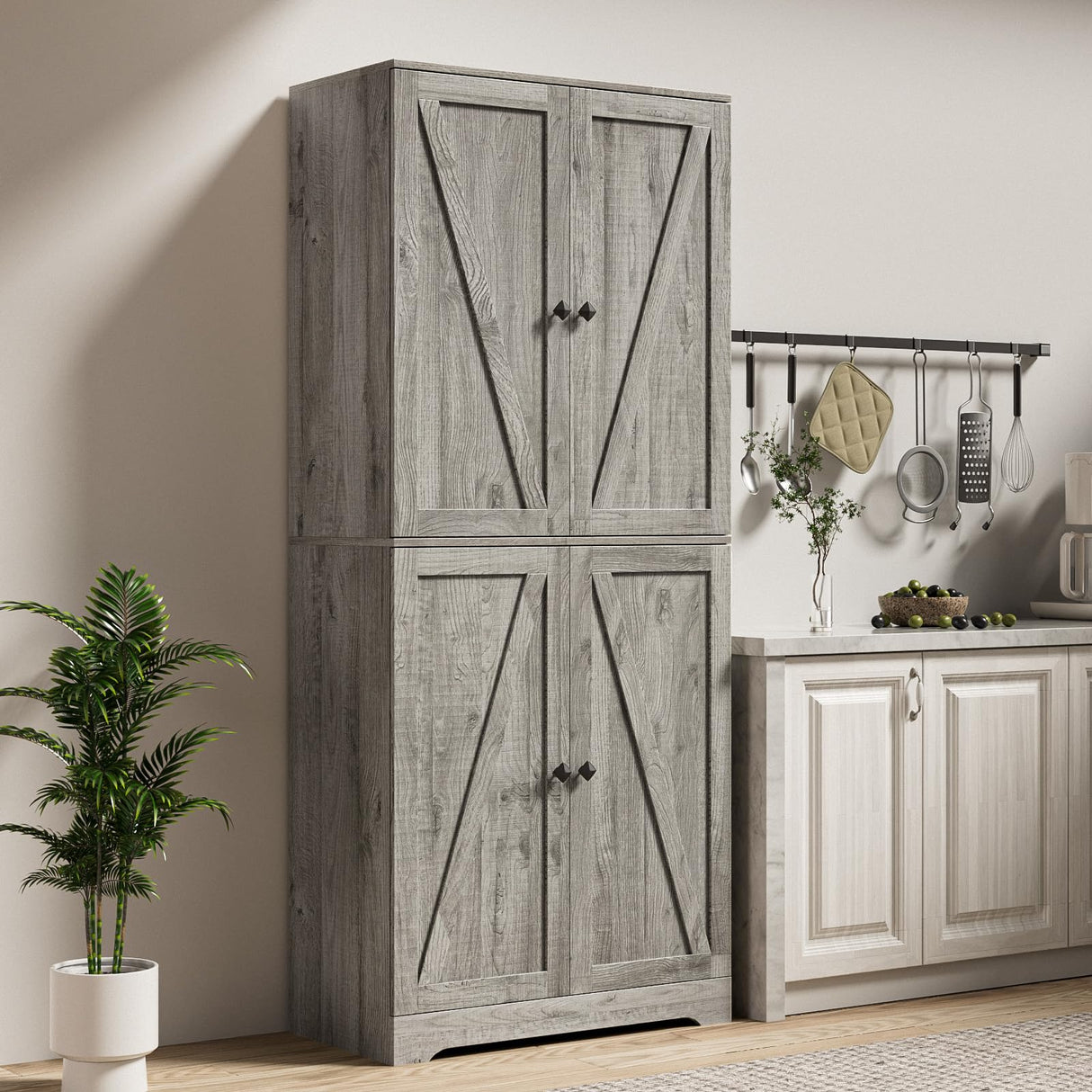 LYNSOM Farmhouse Storage Cabinet 72" Tall, Kitchen Pantry Cabinet with 4 Barn Doors and Adjustable Shelves, Freestanding Storage Cabinets for Kitchen, Grey LYNSOM