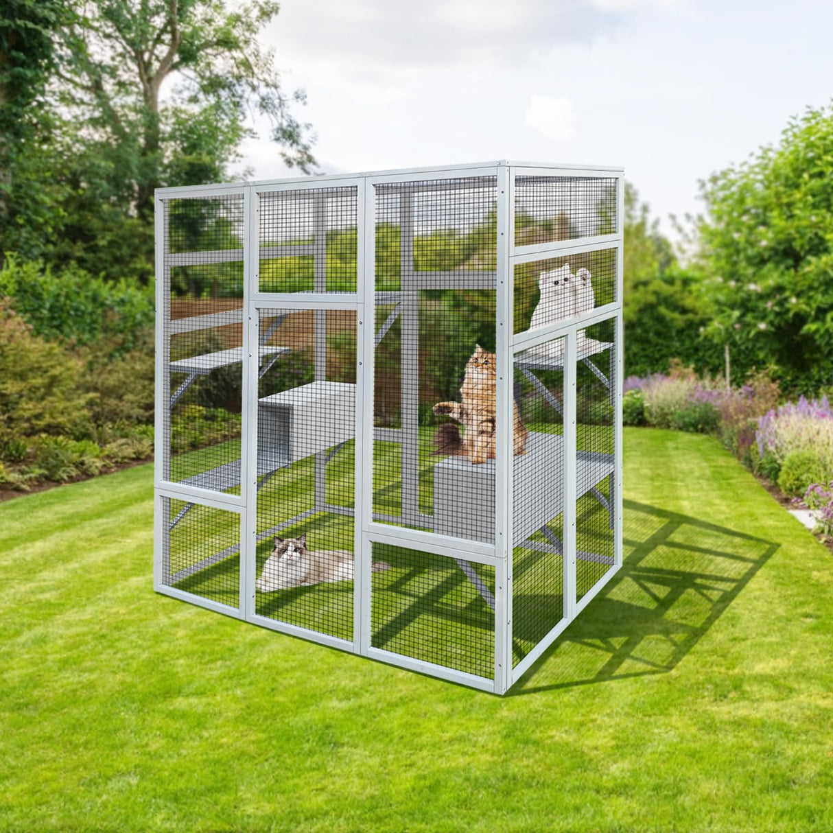 FEIYAW Wooden Catio Outdoor Cat Enclosure with 7 Platforms and 2 Resting Boxes, Solid Wood Cat Cage Shelter Playpen w/Anti-UV & Waterproof, Large Catio FEIYAW