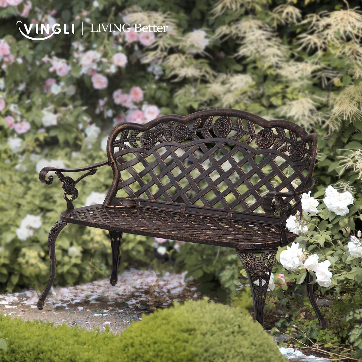 VINGLI 42.5" Patio Garden Bench Outdoor Metal Rose Loveseat, Cast Iron Cast Aluminium Frame Antique Finish Park Chair, Accommodates 2-3 People VINGLI
