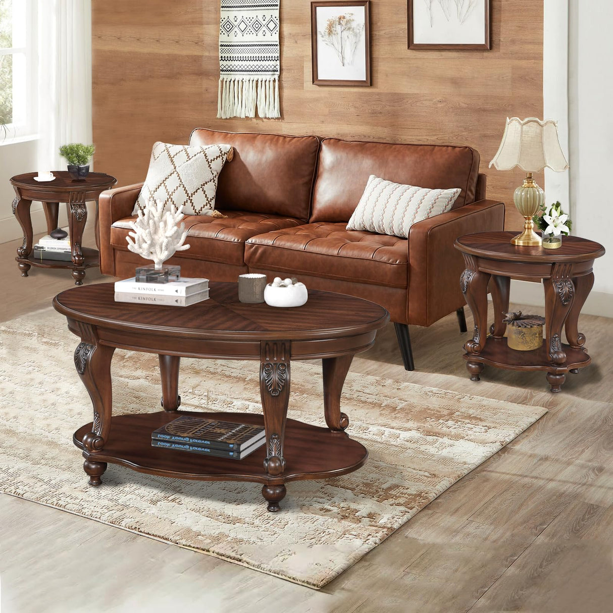 YWUFUART 42" Wood Coffee Table for Living Room Oval Coffee Table with Storage Shelf, Antique Table Legs with Elegant Carvings, Easy Assembly, Cherry YWUFUART