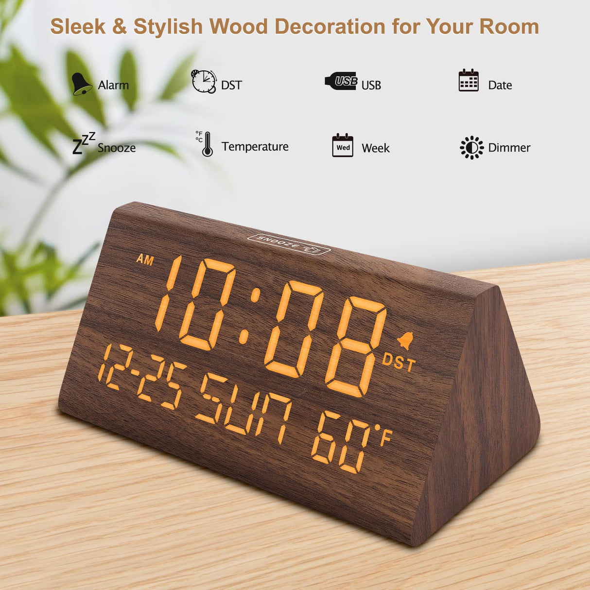 DreamSky Digital Alarm Clocks for Bedrooms - Wooden Desk Clock with Date, Day of Week, USB Port, Temperature, Dimmer for Bedside Table, Living Room, Office, Adjustable Volume, Auto DST, Wood Decor DreamSky