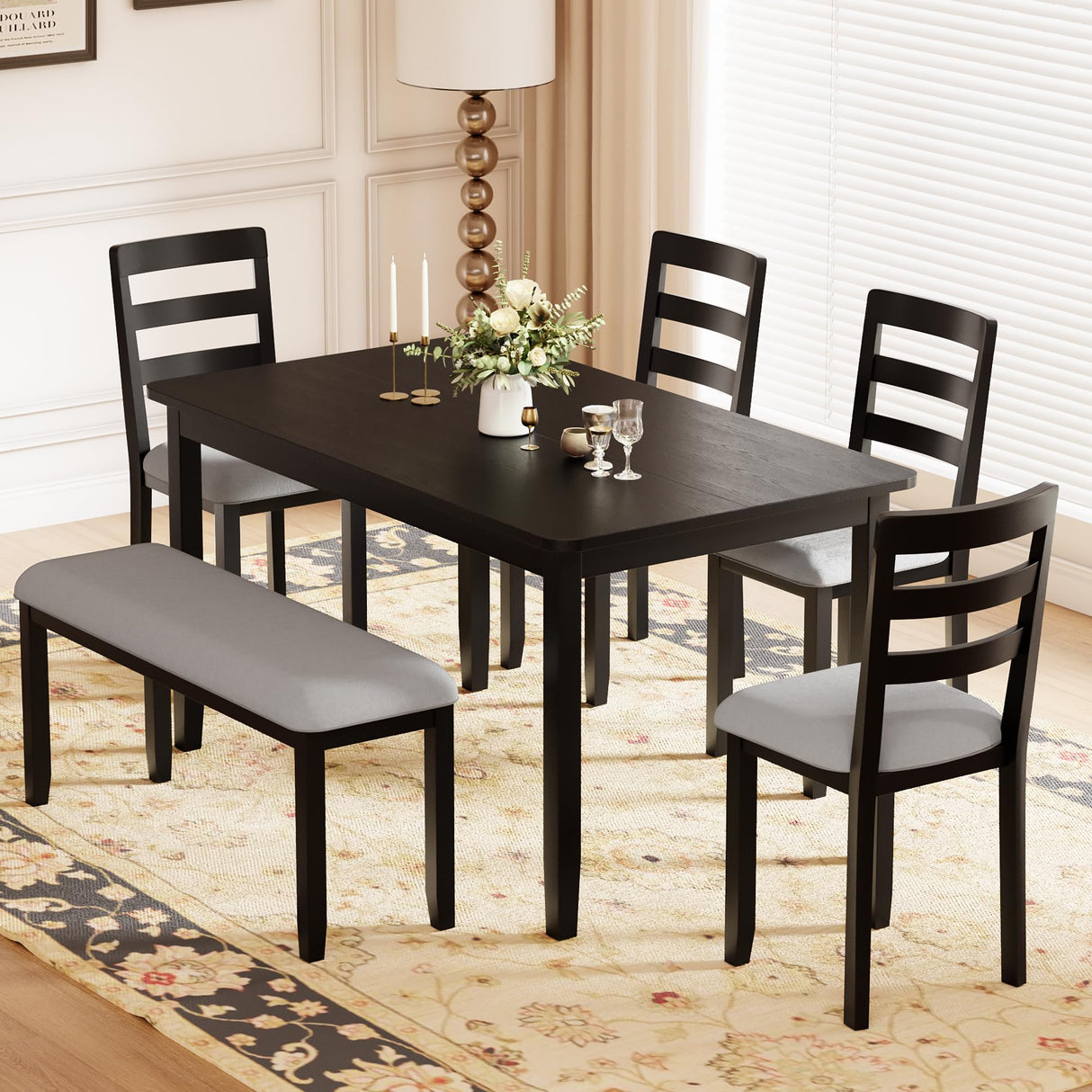 JUMMICO Solid Wood 6 Piece Dining Table Set, Modern 58"/W Kitchen Table Set for 6 with 4 Upholstered Chairs & 1 Bench, Kitchen & Dining Room Sets for Kitchen, Restaurant (Black & Grey) JUMMICO