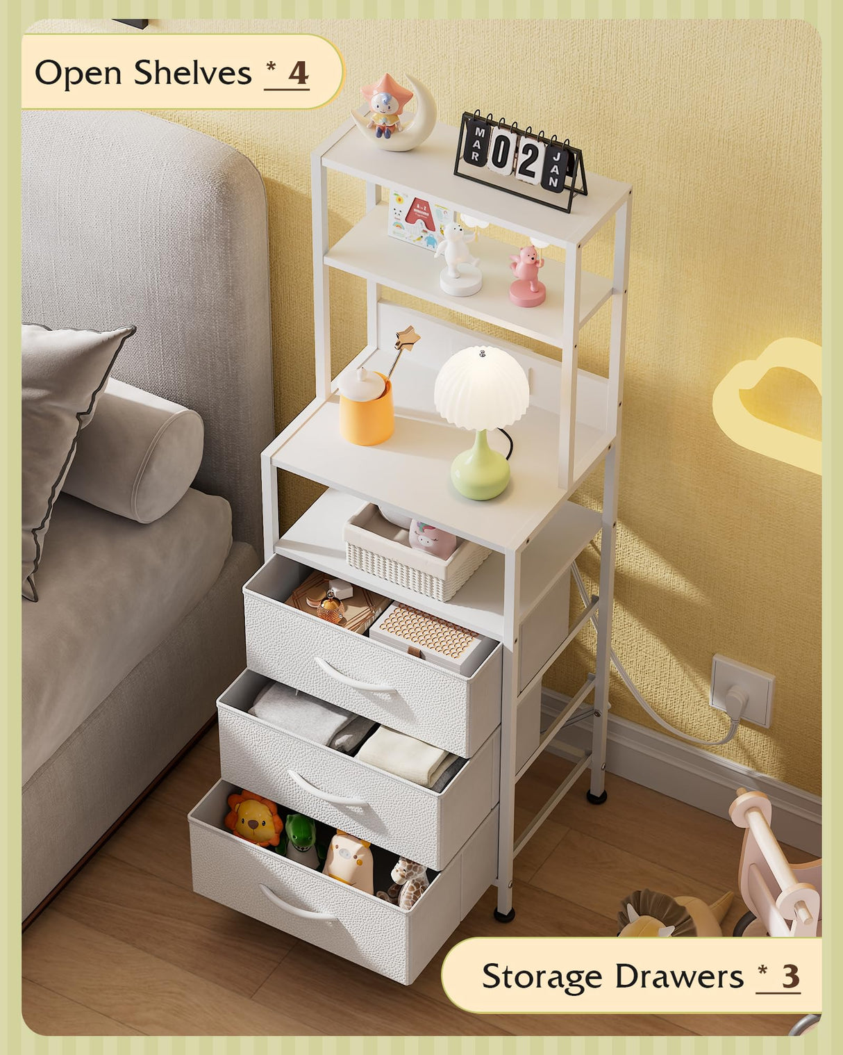 WLIVE Tall White Nightstand with Charging Station, LED Night Stand with 3 Fabric Drawers and Storage Open Shelves, Bedroom Nightstand Table, Bed Side Table for Living Room WLIVE