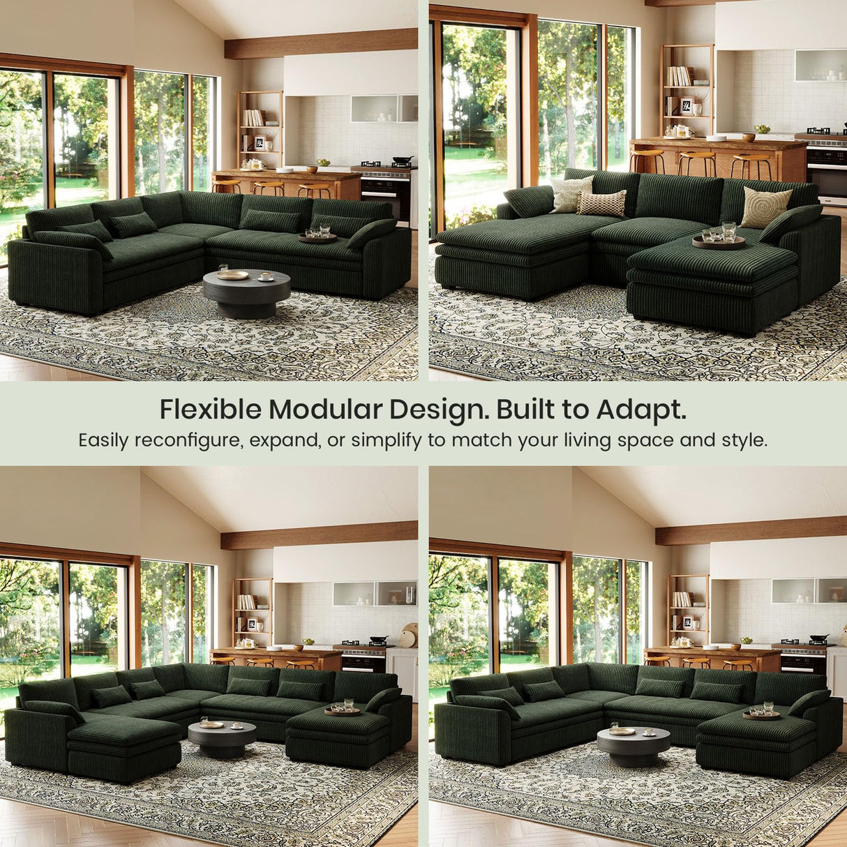 Belffin Large Modular Sectional Sofa with Deep Chaise, 104" Corduroy L Shaped Couch with 9" Soft Dual-Layer Seats Cushion for Living Room, Apartment, Green Belffin