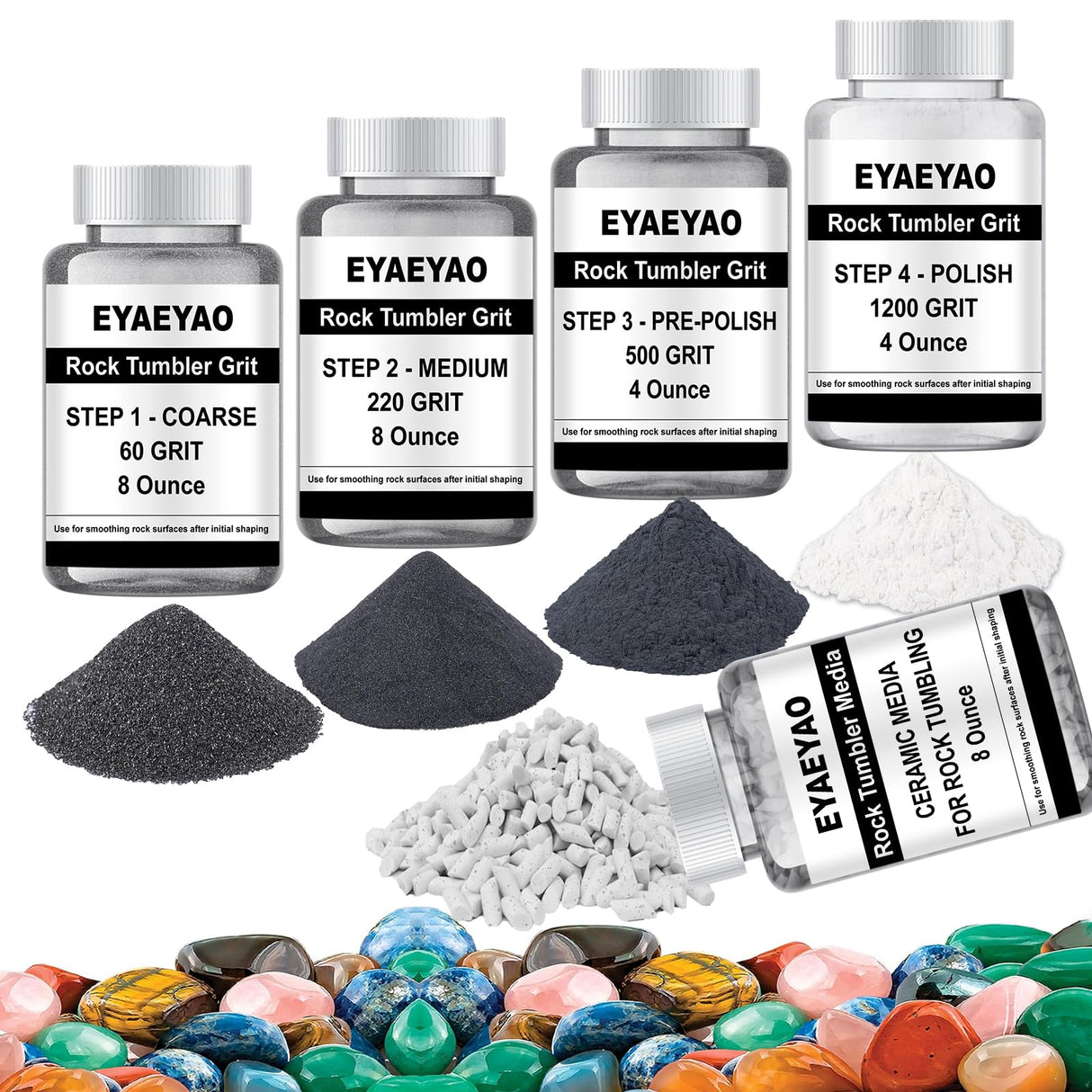 Rock Tumbler Grit and Ceramic Tumbling Media 2 Pounds, Polish Up to 13 lbs. of Rocks, Polish Refill Media Kit, Compatible with Any Tumbler (4 Step + Tumbling Media) eyaeyao