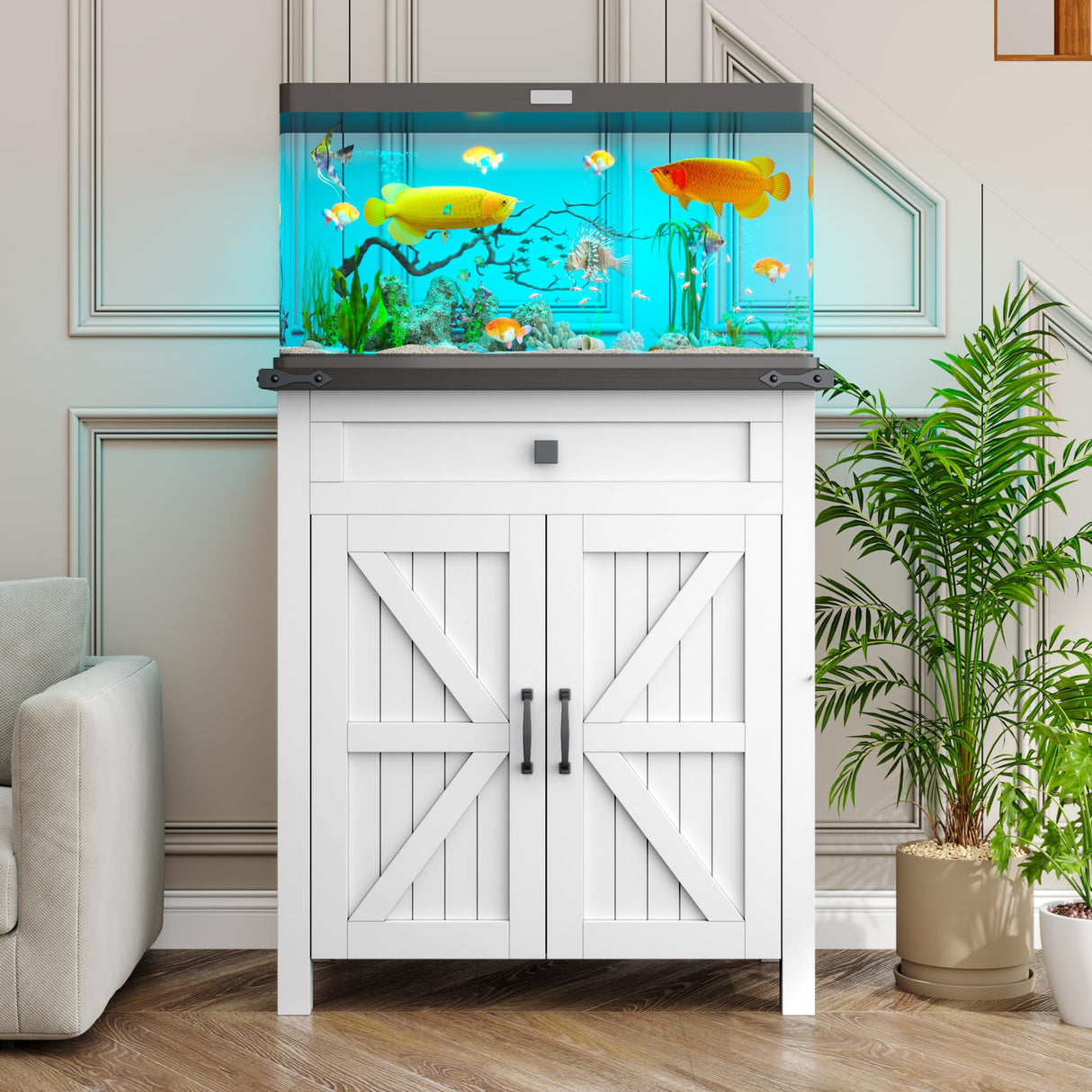 kepptory 20 Gallon Fish Tank Stand with Power Outlets, Farmhouse Decorative Aquarium Stand Furniture with Adjustable Shelves, 10-20 Gallon Reptile Turtle Tank Stand with Cabinet Storage (White, 20GL) kepptory