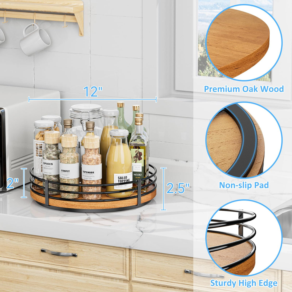 12" Lazy Susan Turntable Organizer - Oak Wood Lazy Susan for Cabinet Kitchen Countertop Dining Table Pantry Cupboard Bathroom Coffee Bar Storage Spice Rack Home Decor OVICAR