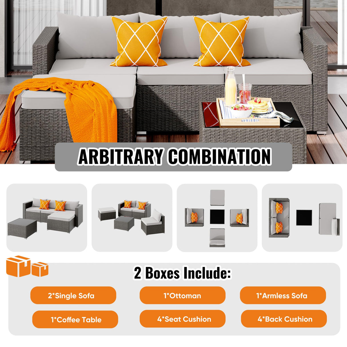 Nalupatio Patio Furniture Set,5 Piece Outdoor Patio Conversation Set All Weather Patio Sofa Manual Weaving Wicker Rattan Sectional Sofa with Washable Cushions & Glass Table for Poolside,Backyard-Gray Nalupatio