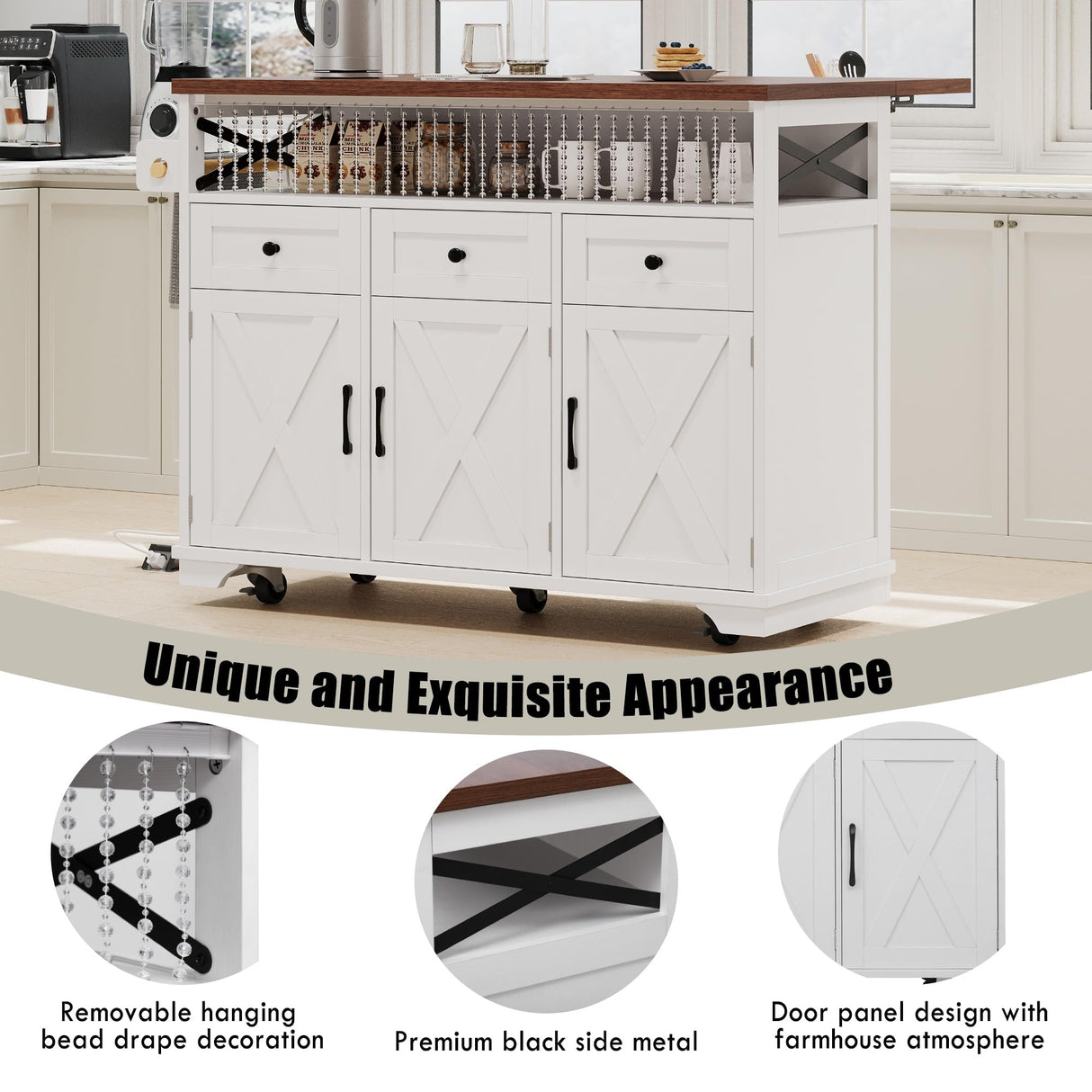 Farmhouse Kitchen Island with Beaded Drape, Rolling Kitchen Storage Cart on Wheels with Drop Leaf and Power Outlet, 3 Doors, 3 Drawers and Adjustable Shelves and Internal Storage for Dining Room MEETFAV