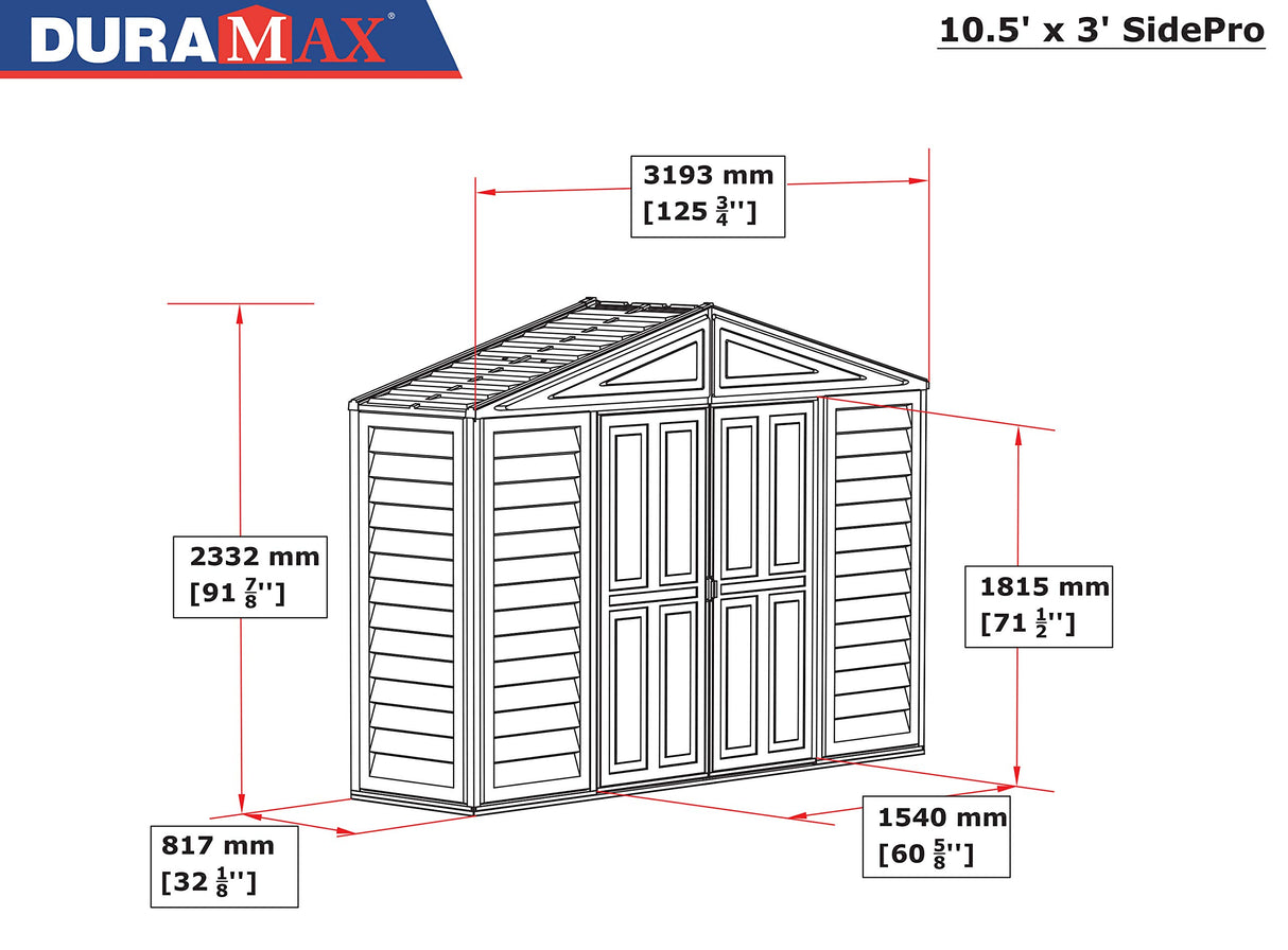 Duramax SidePro 10.5 Ft. x 3 Ft. Vinyl Garden Storage Shed | Made of Fire Retardant PVC Resin, All-Weather, Waterproof Outdoor Solution, Store Bikes, Tools, BBQ, Home Gym | Strong Metal Roof Structure DURAMAX