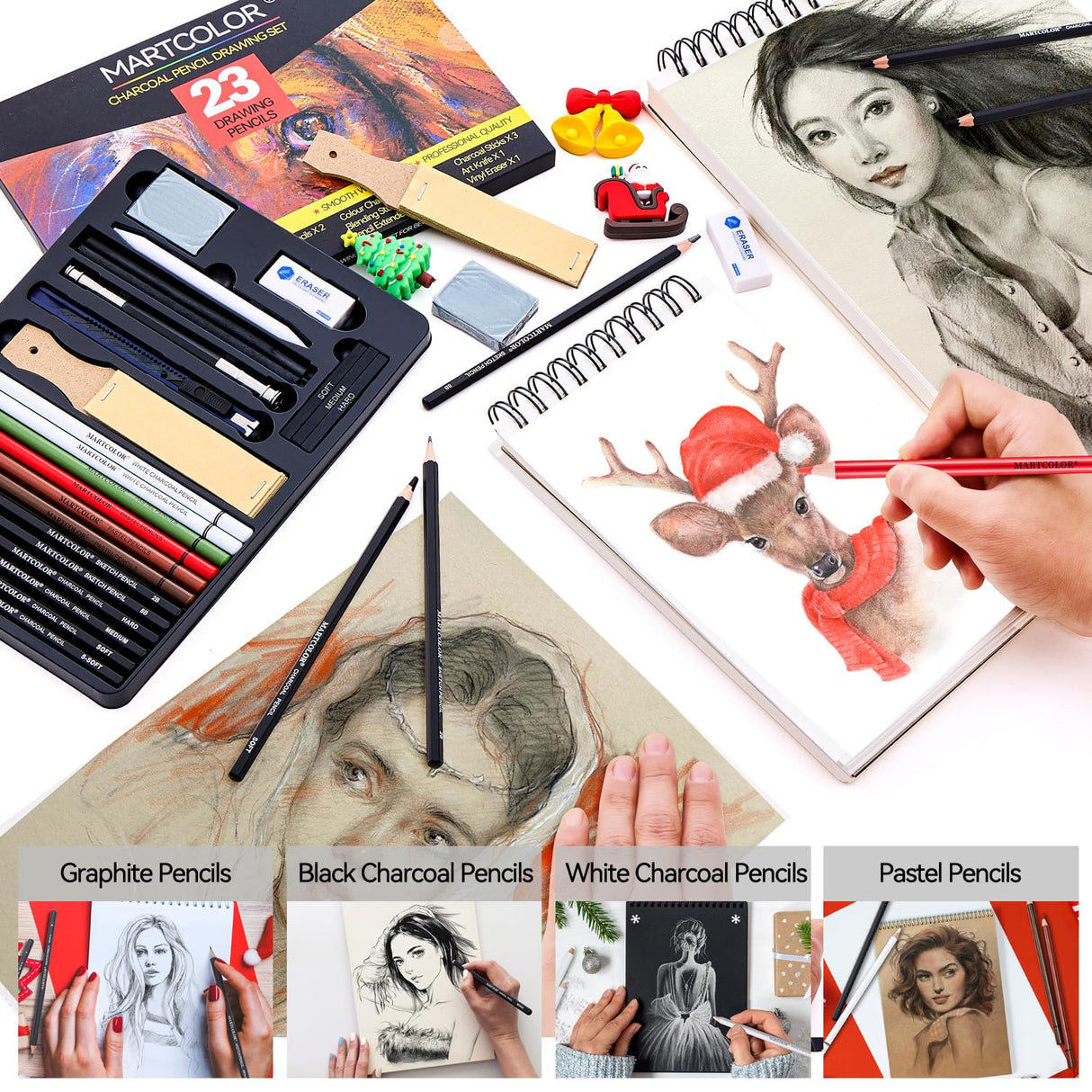 MARTCOLOR Charcoal Drawing Set, Set of 23, Graphite Pencils, Black & White Charcoal Pencils for Drawing, Sketching, Shading, Blending, Artist Pencils for Beginners & Pro Artists MARTCOLOR