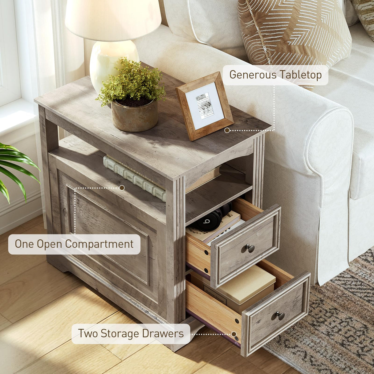 RALGEND Farmhouse End Table with 2 Drawers, Narrow Sofa Side Table with Storage and Open Shelf, Wooden Nightstand for Small Spaces, Bedroom, Living Room, Greige RALGEND