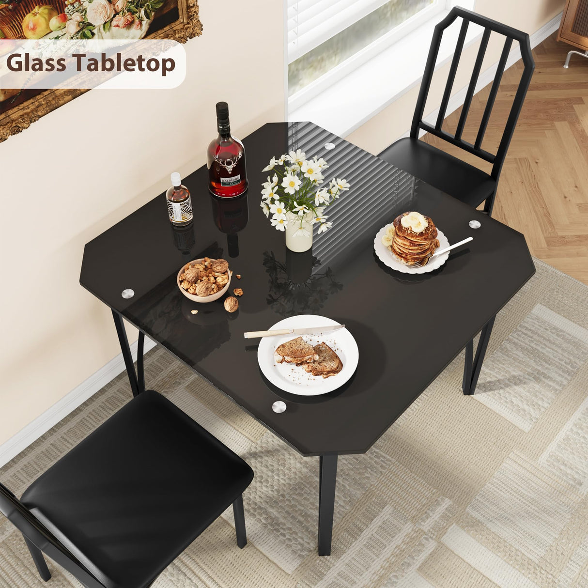 IDEALHOUSE Dining Table Set for 2, Kitchen Table Chairs Set of 2 with Ultra Comfortable PU Cushion, Dining Room Table Set for 2 Furniture with Kitchen Chairs Suitable for Small Space - Black Glass IDEALHOUSE