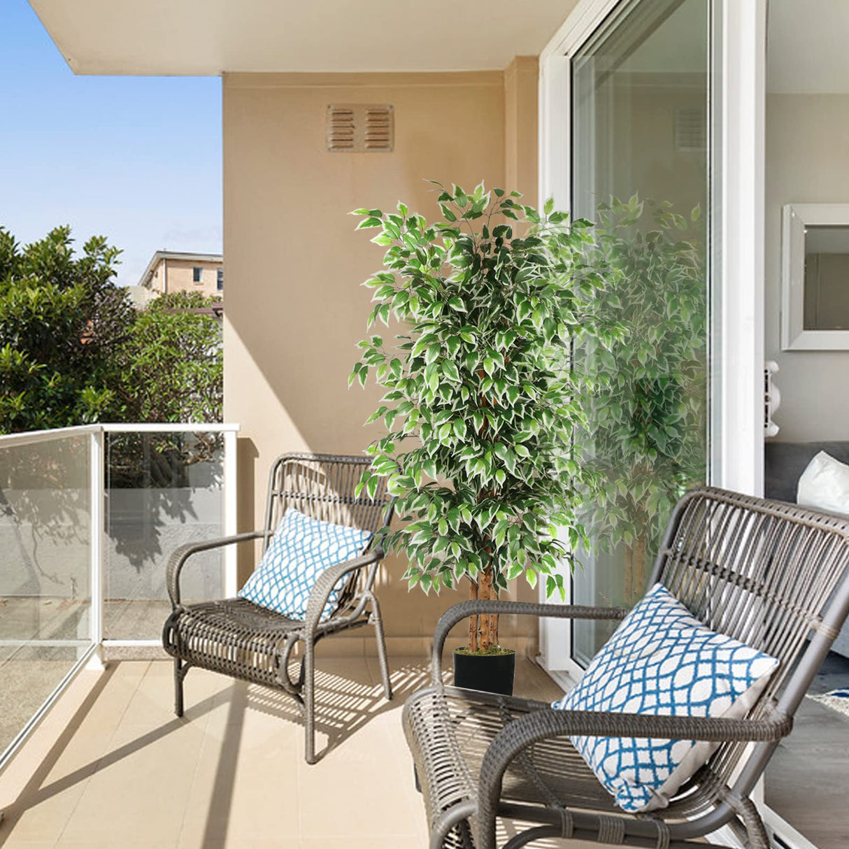 GTIDEA 6ft Artificial Tree Ficus, Tall Faux Trees Indoor with Natural Trunk and Fake Silk Tree Fake Plants for Home Spring Decor Living Room Outdoor Balcony House Office (Included Dried Moss) GTIDEA