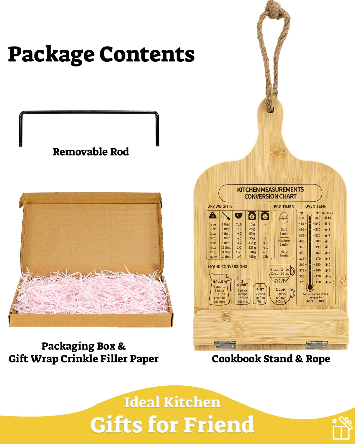 IKEDAS Bamboo Cookbook Stand, Sturdy Cook Book Holder, Recipe Book Holder with Measurement Conversion Chart, Cookbook Stand for Kitchen Counters, Essential Accessories for Holding Cookbooks ikedas