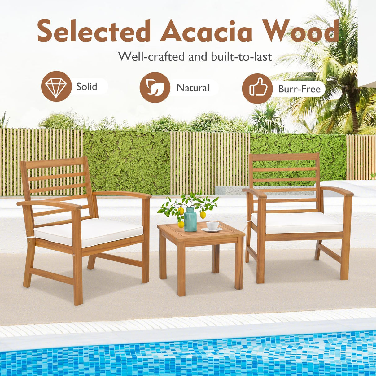 Tangkula 3 Pieces Outdoor Furniture Set, Acacia Wood Conversation Set with Soft Seat Cushions, Stable Acacia Wood Frame, Patio Sofa & Coffee Table Set for Backyard, Porch, Poolside (White) Tangkula