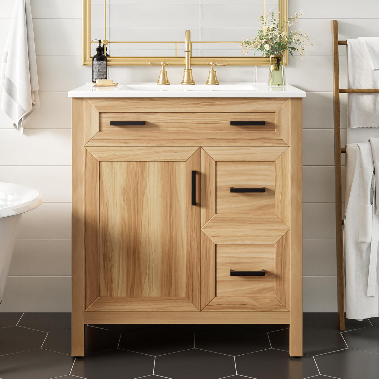 Mirightone 30" Wood Vanity with Sink, Bathroom Vanities 30 Inch with Sink, Single Sink Bathroom Vanity, 30 in Restroom Sink Vanity with 1 Soft Close Doors, 2 Soft Close Drawers, Adjustable Shelf Mirightone