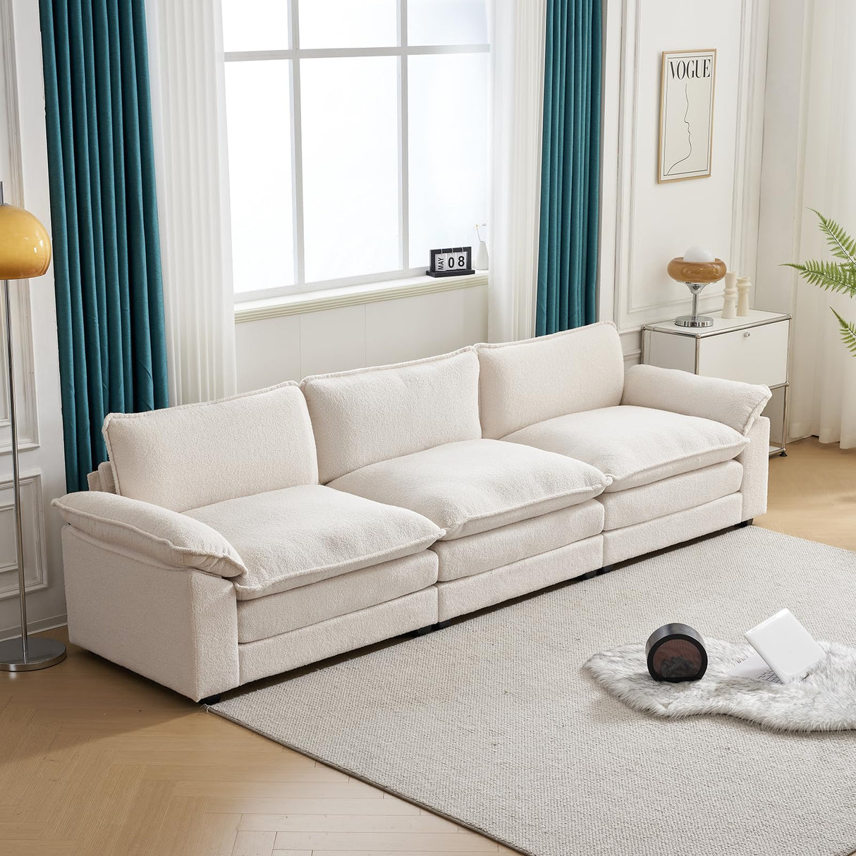 Karl home Sectional Sofa Modular Deep Seat Sofa Couch with Ottoman, Teddy Fleece Sofa Sleeper Comfy Upholstered Furniture for Living Room, Apartment, Studio, Office, (3-Seat & 1-Ottoman, White) Karl home
